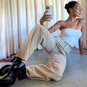 Princess Polly Wide-Leg Raw Hem High Waisted Nude Corduroy Pants | 4